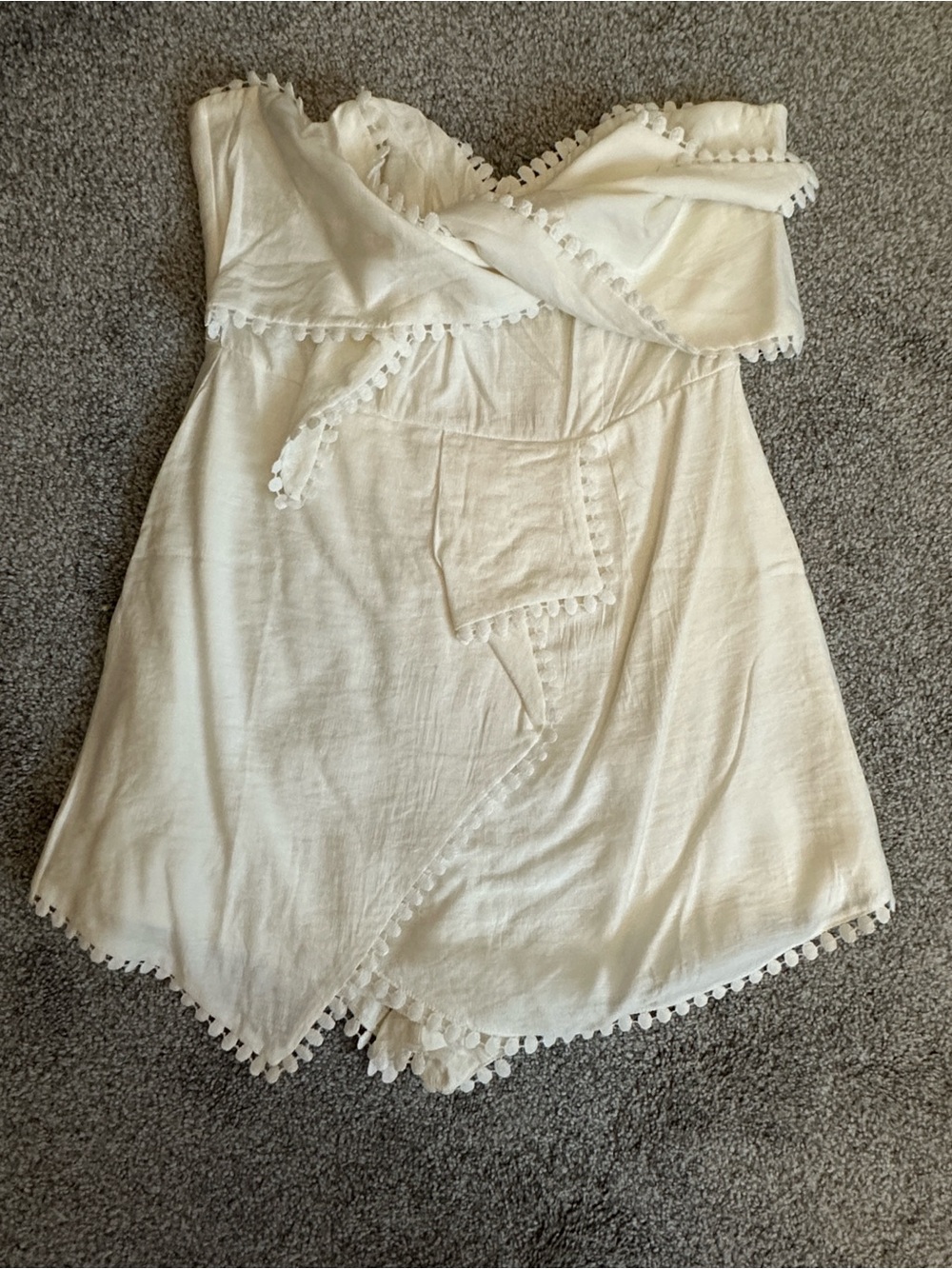 Luxxel Cream Strapless Romper with Pom Trim
